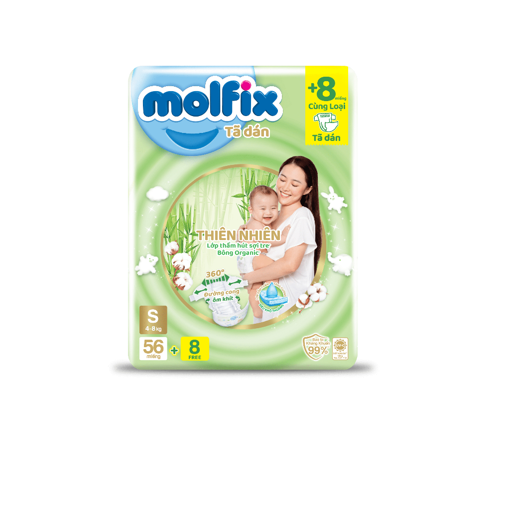 [TẶNG QUÀ SL CÓ HẠN] Tã/bỉm dán Molfix Thiên nhiên Jumbo S (4kg - 8kg) - C1 Gói 56+8 miếng