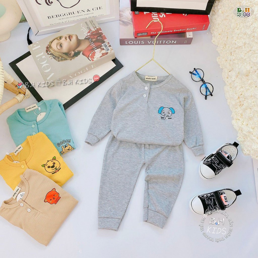 Quần Áo Len Tăm Cho Bé, Bộ Thun Len Dài Tay Minky Mom Thu Đông Khuy Giữa Bé Trai Bé Gái