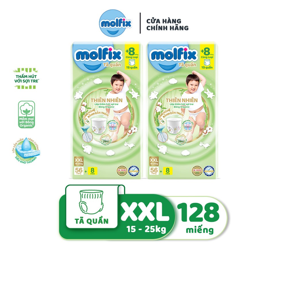 Combo 2 Tã/bỉm quần Moflix Thiên nhiên Ultra XXL (15kg - 25kg) - C1 - 2 Gói, 128 miếng