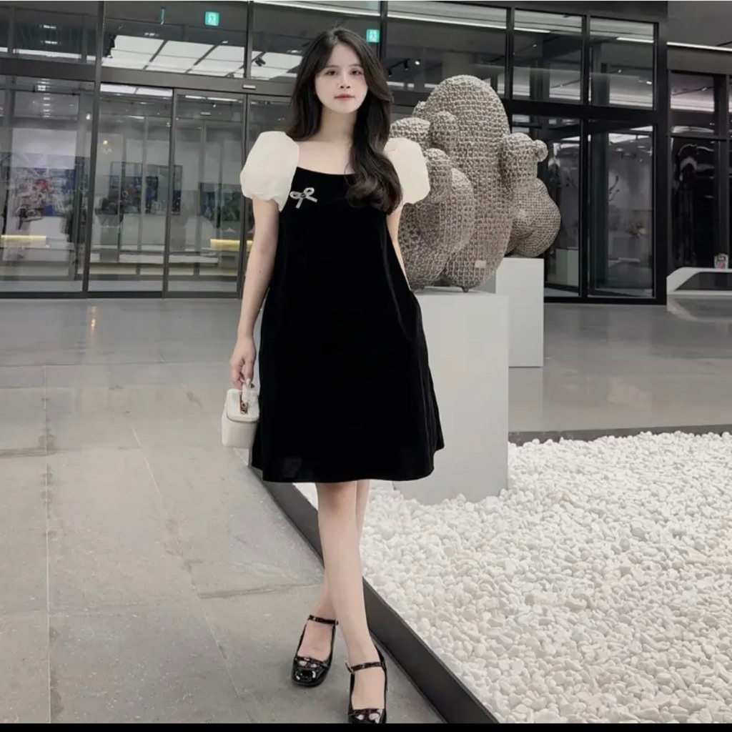 VÁY NHUNG 2 LỚP TAY BỒNG KÈM TAG NƠ SIÊU XINH