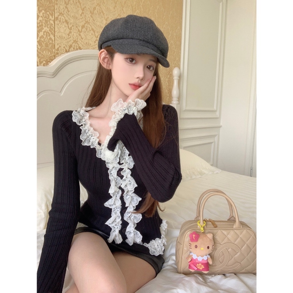 ÁO LEN GÂN MỎNG MENY ÔM BODY DÀI TAY ỐNG LOE VIỀN BÈO SIÊU XINH