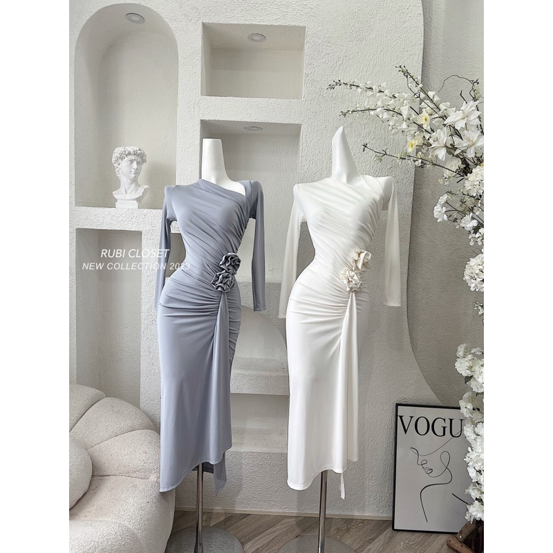 ĐẦM BODY TAY DÀI NHÚN HOA EO XẺ TÀ ĐI TIỆC SIÊU TÔN DÁNG