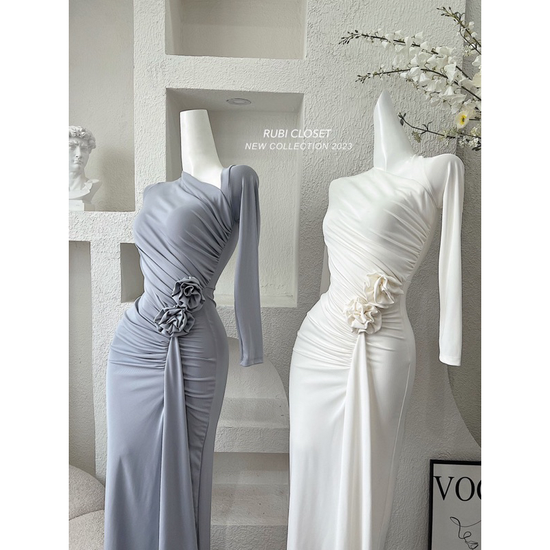 ĐẦM BODY TAY DÀI NHÚN HOA EO XẺ TÀ ĐI TIỆC SIÊU TÔN DÁNG