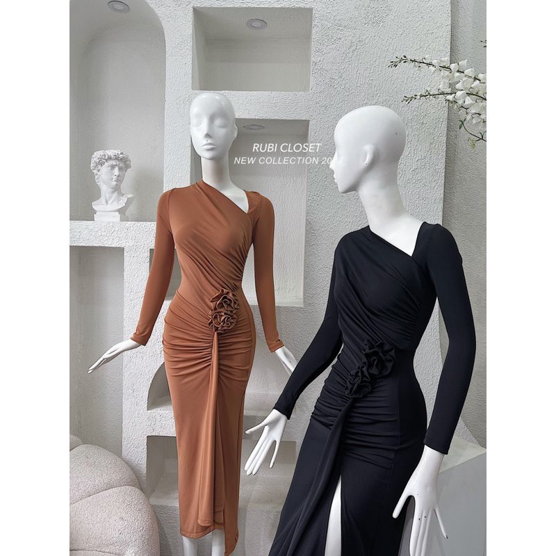 ĐẦM BODY TAY DÀI NHÚN HOA EO XẺ TÀ ĐI TIỆC SIÊU TÔN DÁNG