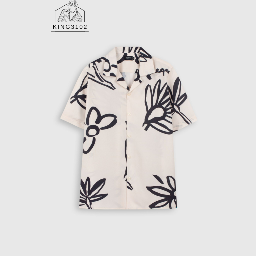 Áo Sơ Mi Nam, Áo Cộc Tay Sơ Mi Tay Ngắn Nam Hàn Quốc Màu Đen Họa Tiết Kiểu Vải Lụa Thoáng Mát - Sơ Mi Họa Tiết Hoa Cúc