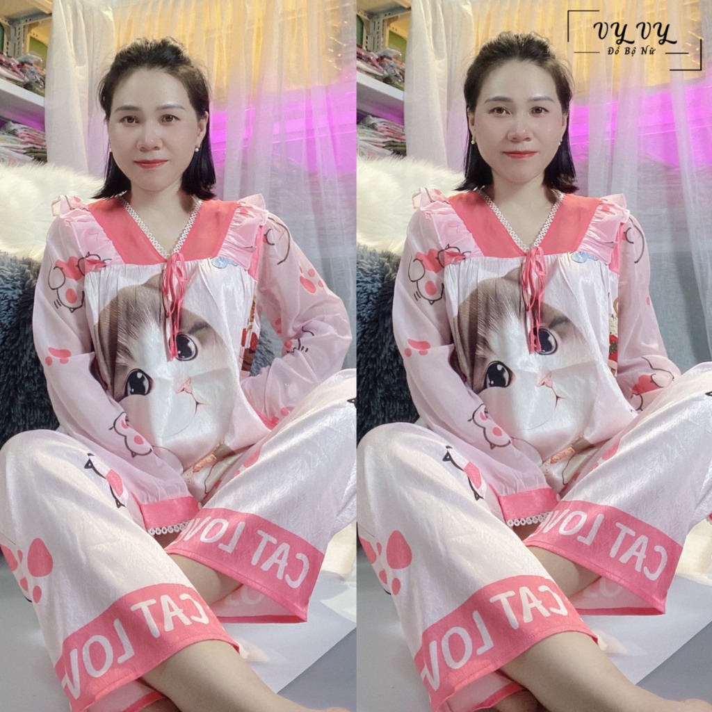 (40-60kg) Đồ bộ pizama lụa xước, tay dài quần dài, cổ và tay áo phối ren mềm và viền ren.
