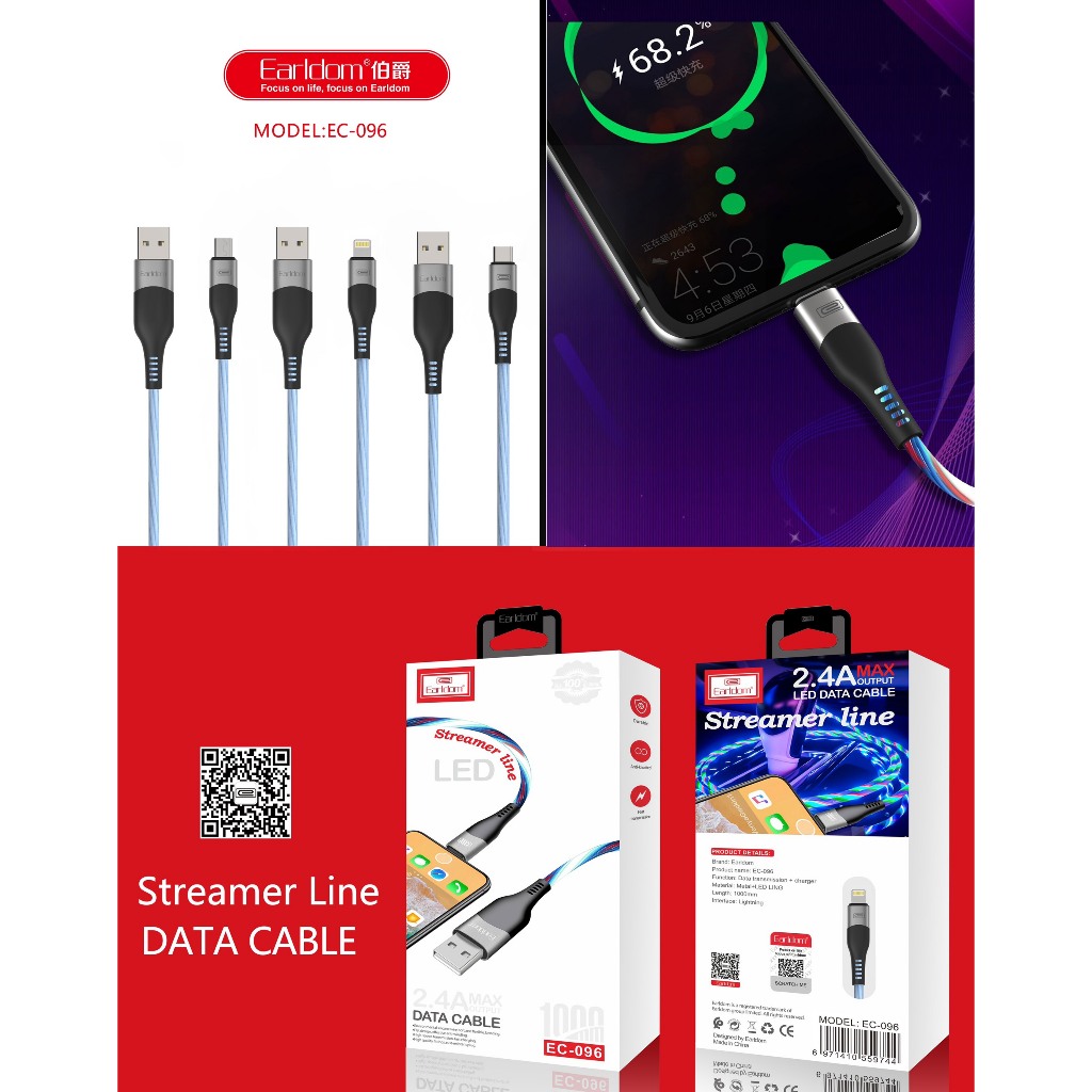 Dây cáp Sạc Phát Sáng 7 Màu Chuyển Động Earldom EC-096 Sạc Nhanh 2.4A