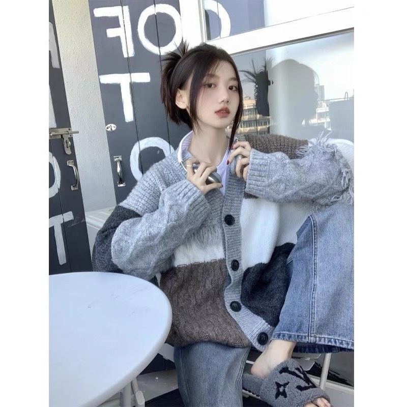 Áo Khoác Len Cardigan Phối Màu Tay Tua Rua Size M L - Halinh Shop - Áo Khoác Len Nữ Phối Màu Ống Tay Rộng Mặc Thu Đông