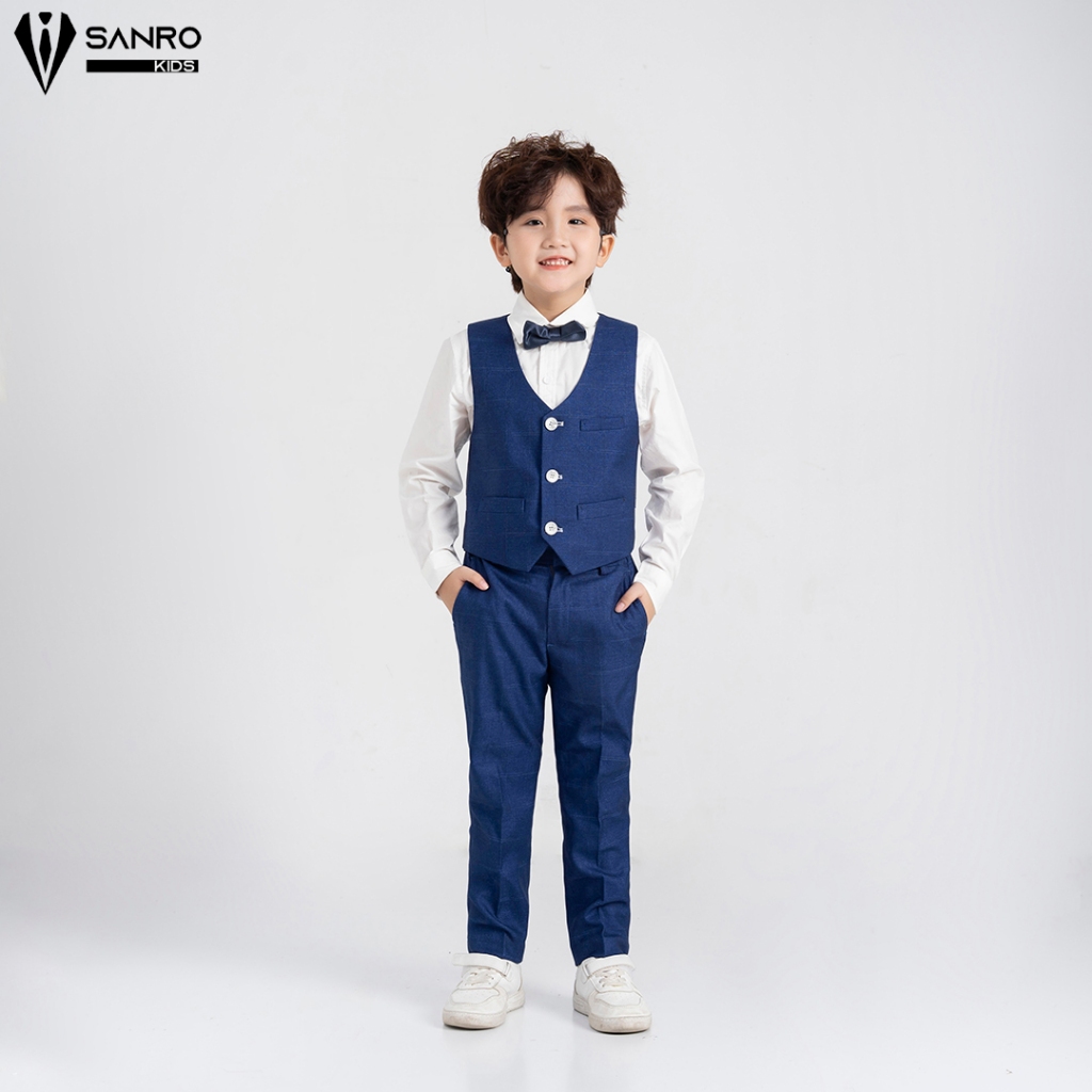Bộ vest bé trai màu xanh kẻ ô vuông