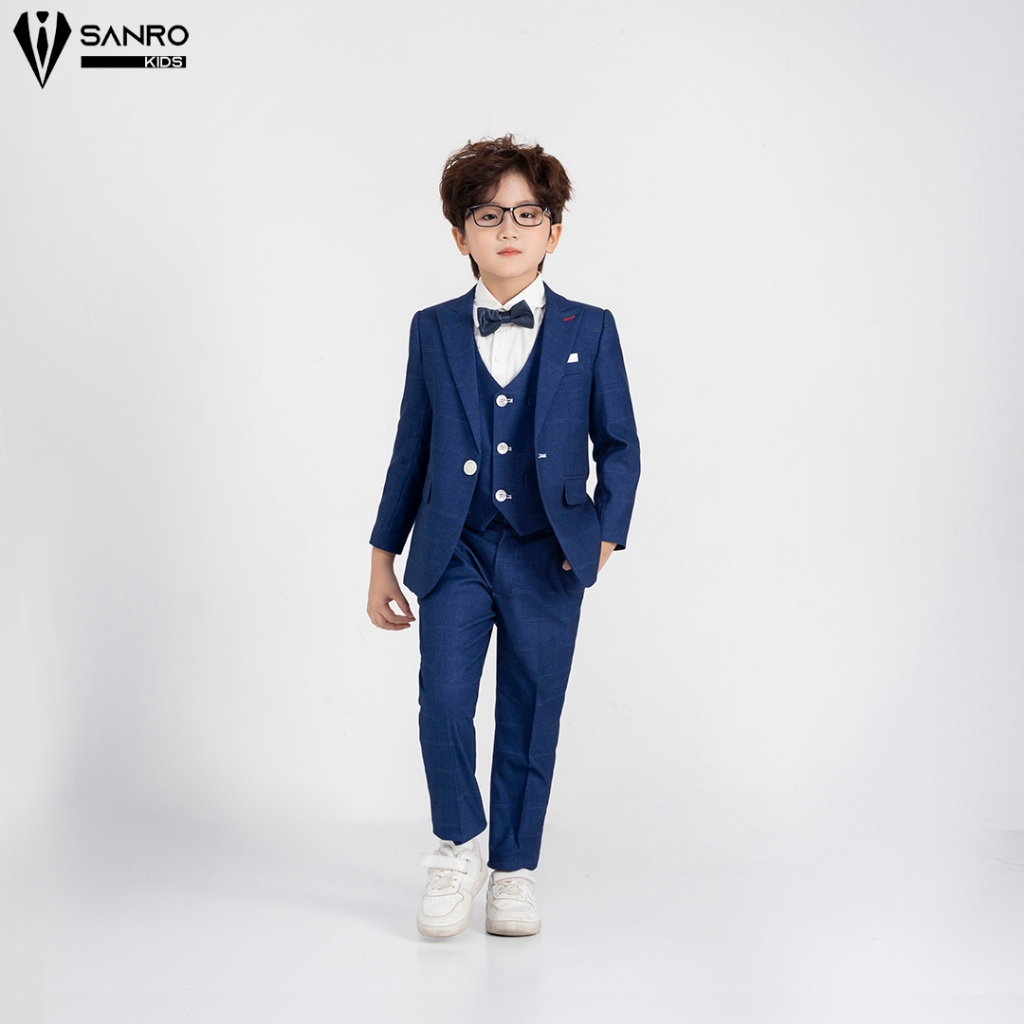 Bộ vest bé trai màu xanh kẻ ô vuông