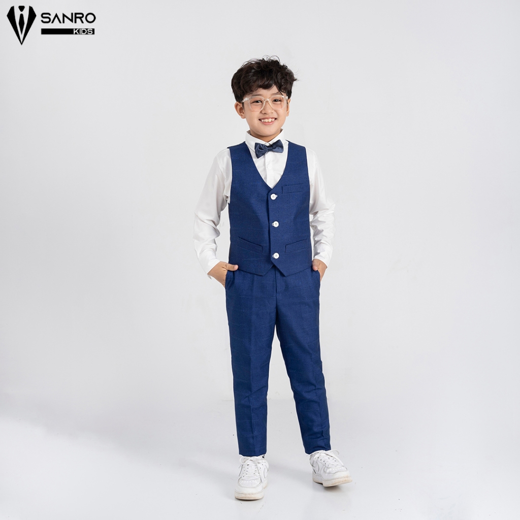 Bộ vest bé trai màu xanh kẻ ô vuông