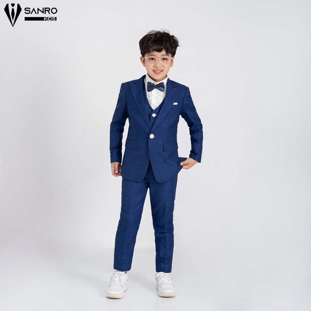 Bộ vest bé trai màu xanh kẻ ô vuông