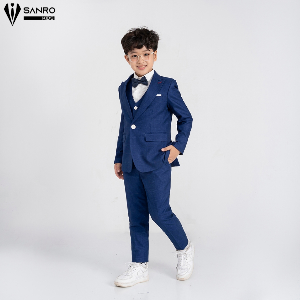 Bộ vest bé trai màu xanh kẻ ô vuông