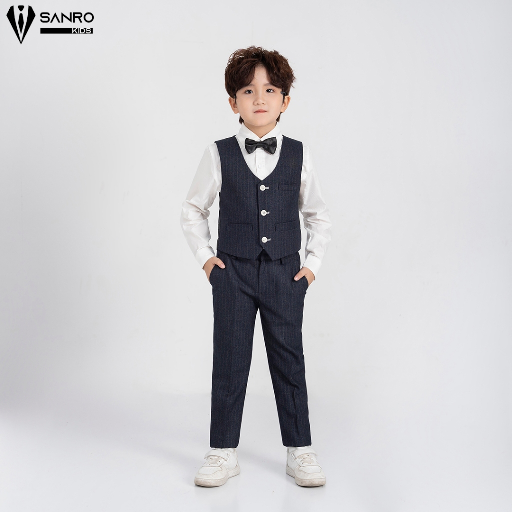 Bộ vest bé trai màu xanh đen kẻ sọc 4 cúc