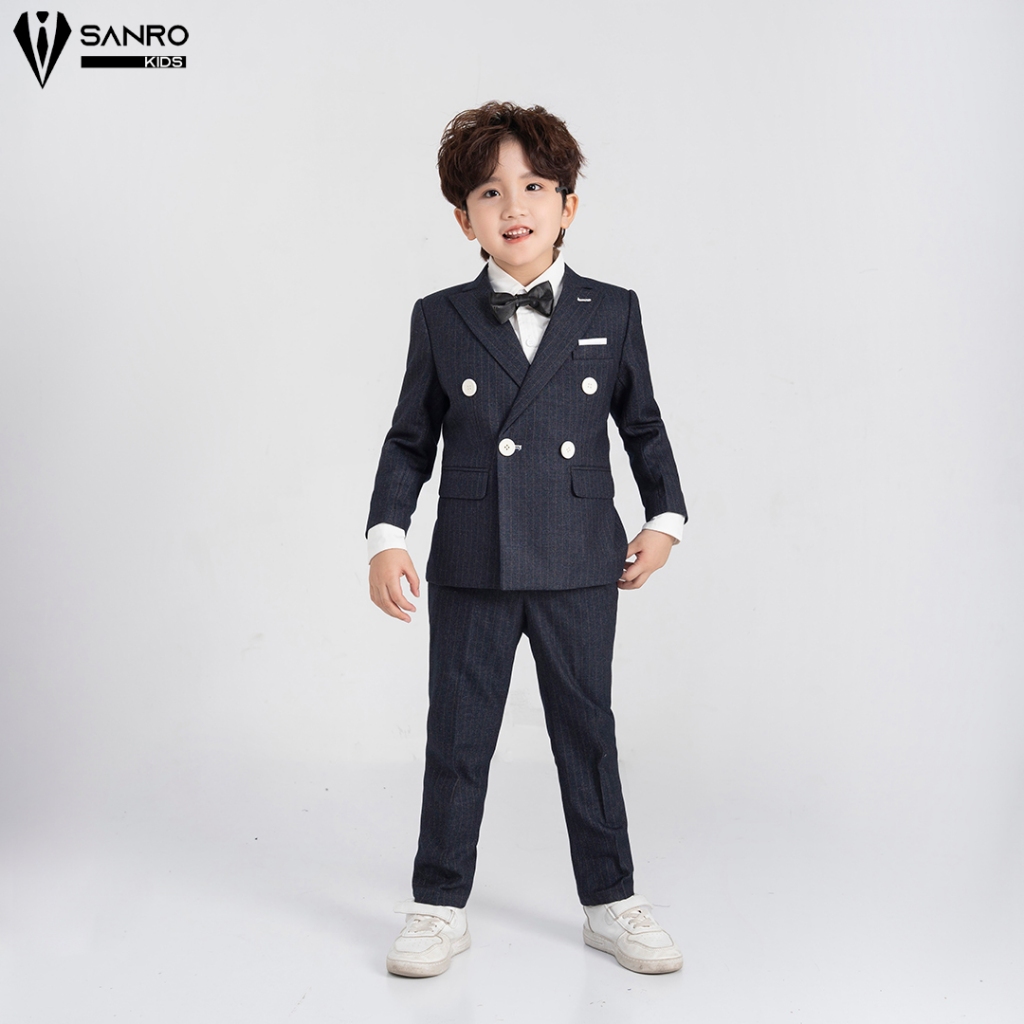 Bộ vest bé trai màu xanh đen kẻ sọc 4 cúc