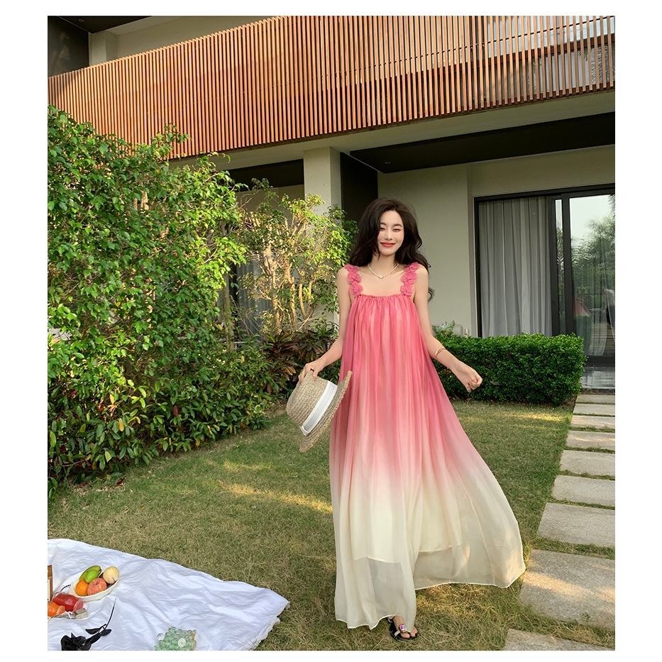 Váy maxi voan màu hồng pastel ombre cực xinh - MS153