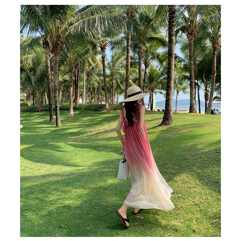 Váy maxi voan màu hồng pastel ombre cực xinh - MS153