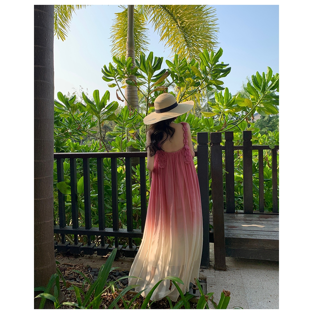 Váy maxi voan màu hồng pastel ombre cực xinh - MS153