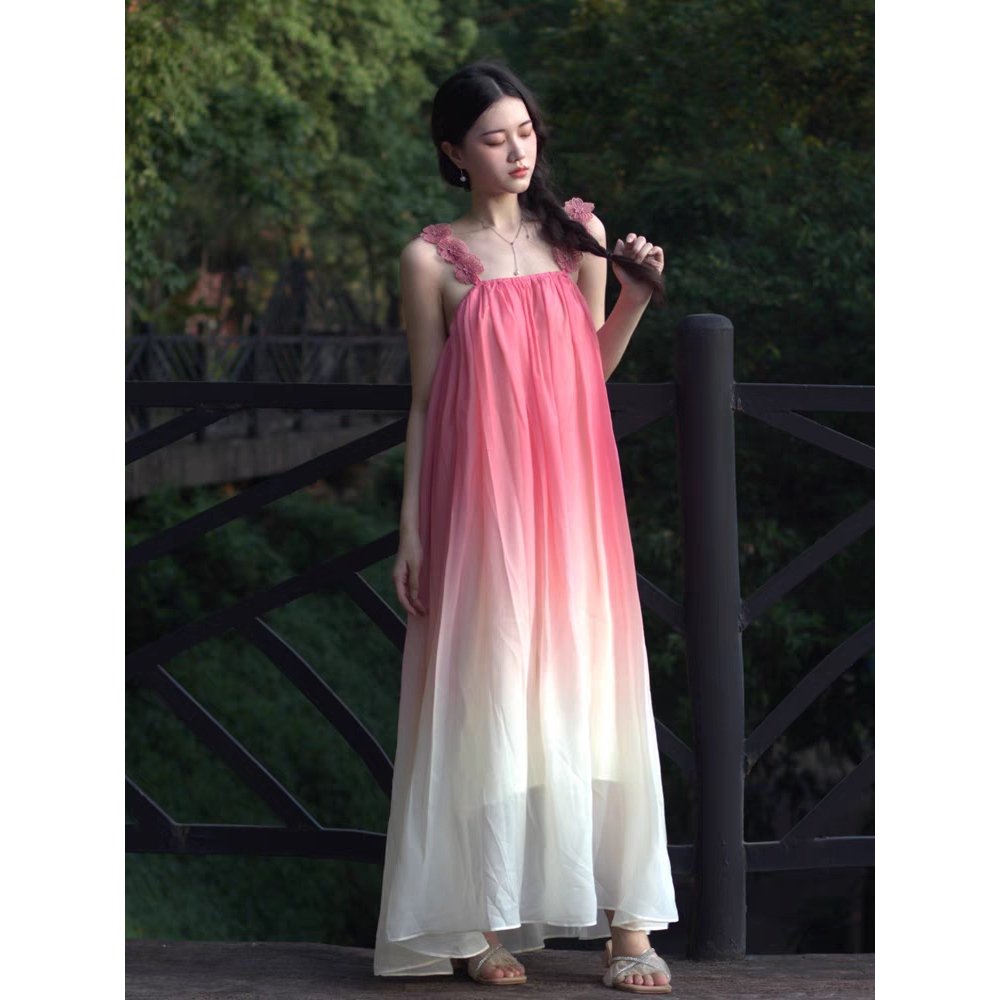 Váy maxi voan màu hồng pastel ombre cực xinh - MS153