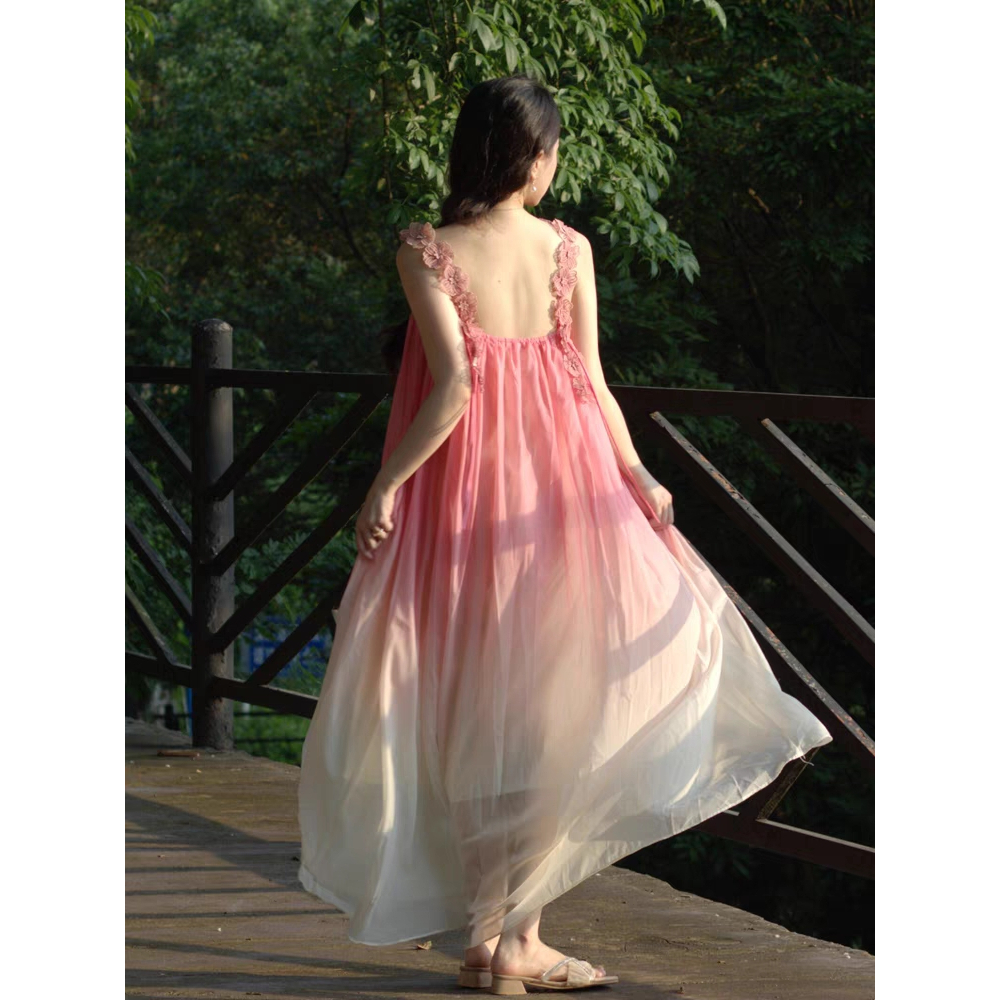 Váy maxi voan màu hồng pastel ombre cực xinh - MS153