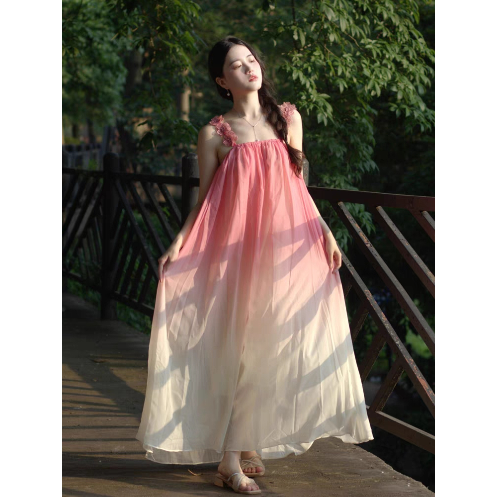 Váy maxi voan màu hồng pastel ombre cực xinh - MS153