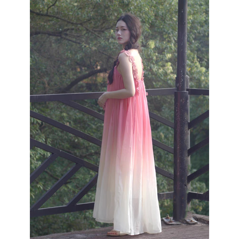 Váy maxi voan màu hồng pastel ombre cực xinh - MS153