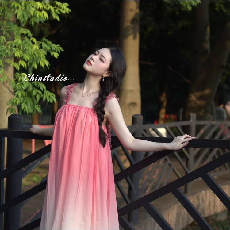 Váy maxi voan màu hồng pastel ombre cực xinh - MS153