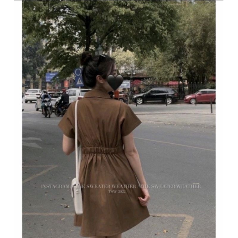 VÁY SƠ MI EO CHUN MÀU NÂU FREESIZE