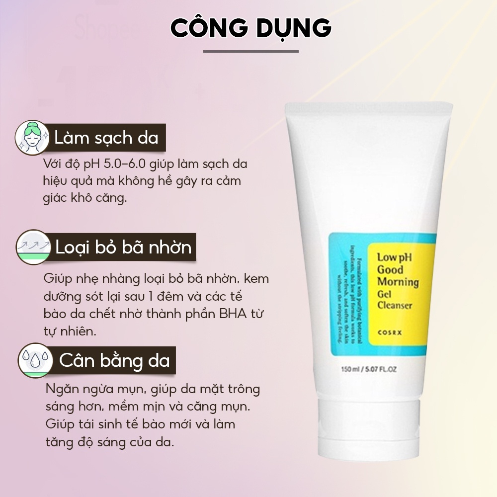 Sữa rửa mặt Cosrx Low pH Good Morning, độ pH thấp, dạng gel, chiết xuất tràm trà 150ml