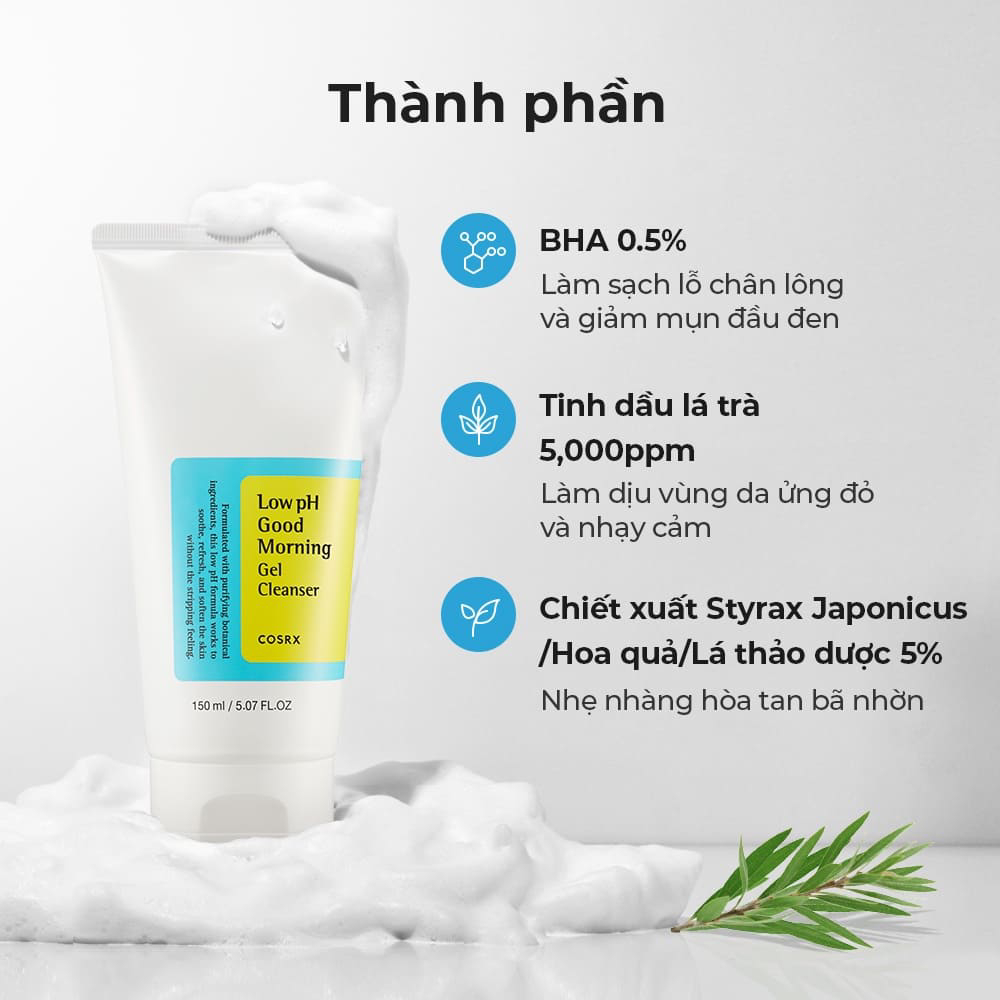 Sữa rửa mặt Cosrx Low pH Good Morning, độ pH thấp, dạng gel, chiết xuất tràm trà 150ml