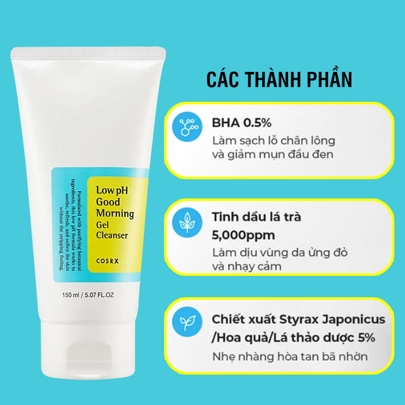 Sữa rửa mặt Cosrx Low pH Good Morning, độ pH thấp, dạng gel, chiết xuất tràm trà 150ml