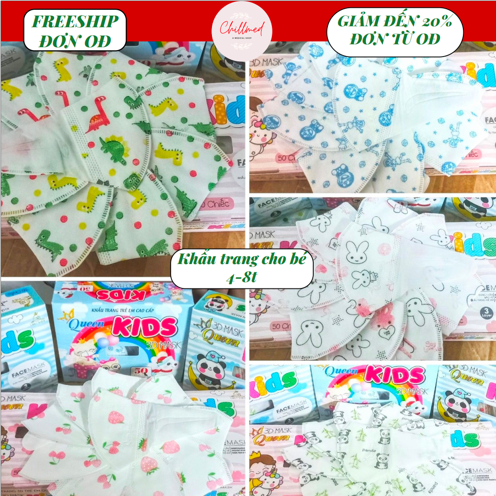 Khẩu trang cho bé 3D quai vải cao cấp từ 4-10 tuổi QUEENMASK - nhiều hình dễ thương - êm tai - Hộp 50 cái