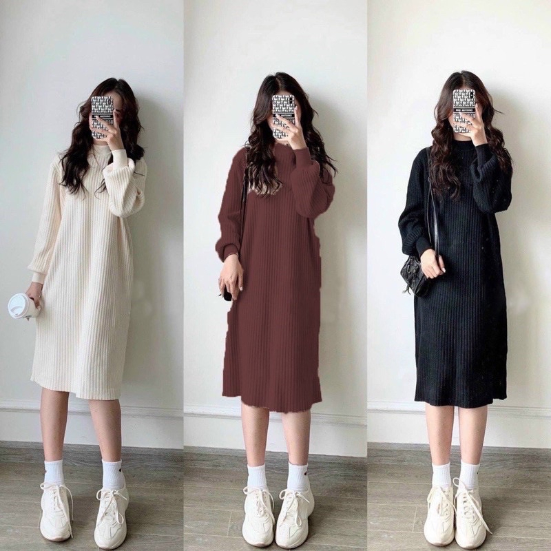 Váy len nữ tay bồng dáng xuông dài thời trang nhiều màu - Đầm len gân cổ tròn dáng dài quảng châu