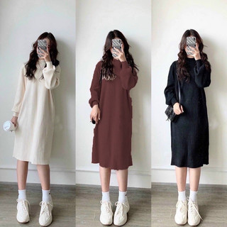 Váy len nữ tay bồng dáng xuông dài thời trang nhiều màu - Đầm len gân cổ tròn dáng dài quảng châu