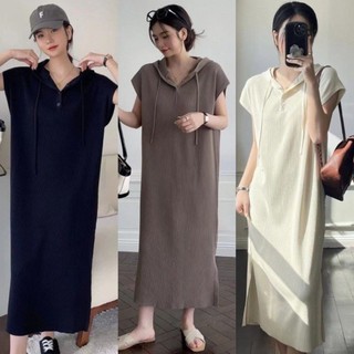 Váy nỉ tăm sát vai dáng dài có mũ trơn basic bốn màu năng động thời trang - Đầm suông dáng dài mặc thu đông có túi xinh