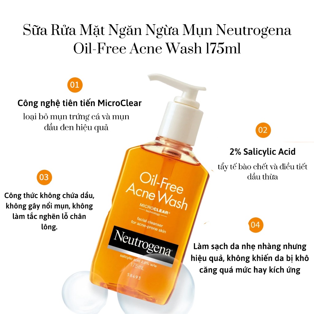 [175ml] Sữa rửa mặt cho da mụn Neutrogena Oil-free Acne Wash