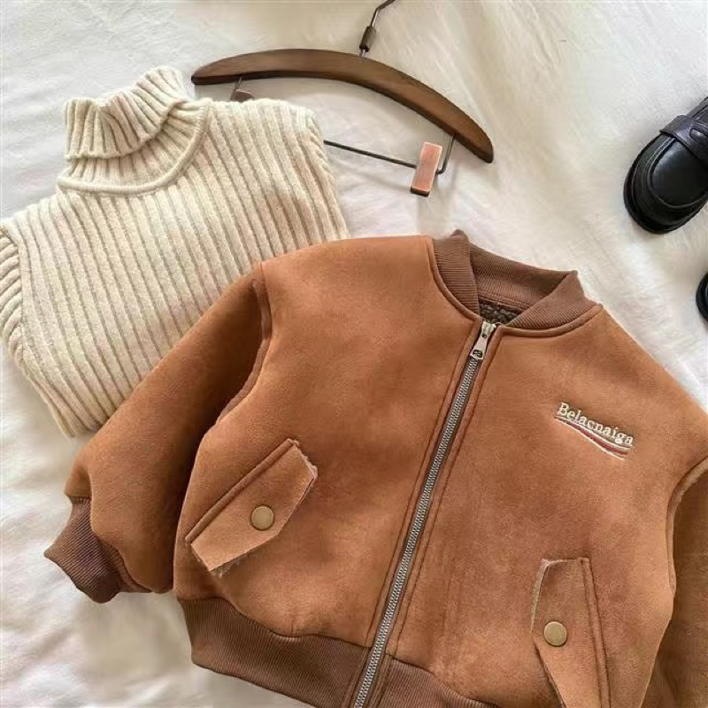 Áo khoác da lộn cho bé, áo khoác da lộn lót lông cho bé trai phong cách hàn quốc