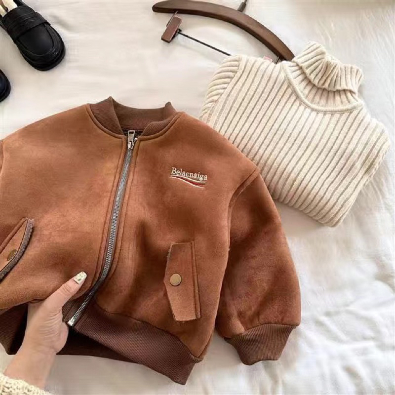 Áo khoác da lộn cho bé, áo khoác da lộn lót lông cho bé trai phong cách hàn quốc