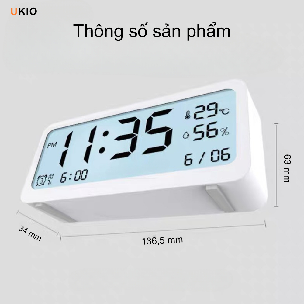 Đồng hồ led để bàn báo thức UKIO màn hình LCD cao cấp đo nhiệt độ và độ ẩm