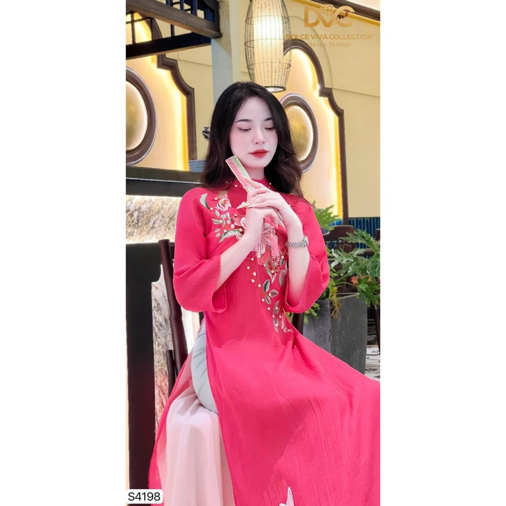 S4198 Sét áo dài hồng tay lửng 4 tà tơ ánh lót lụa  áo dài cách tân thêu thủ công cao cấp