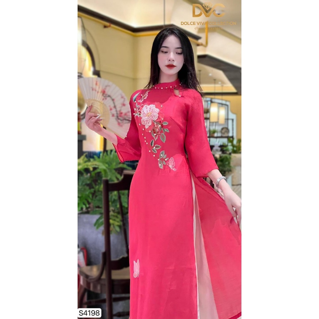 S4198 Sét áo dài hồng tay lửng 4 tà tơ ánh lót lụa  áo dài cách tân thêu thủ công cao cấp