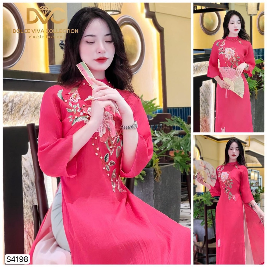 S4198 Sét áo dài hồng tay lửng 4 tà tơ ánh lót lụa  áo dài cách tân thêu thủ công cao cấp