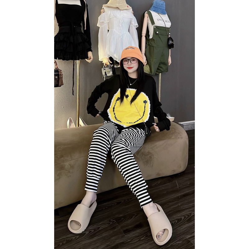 BỘ THU ĐÔNG MẶT CƯỜI VÀNG MIX QUẦN KẺ