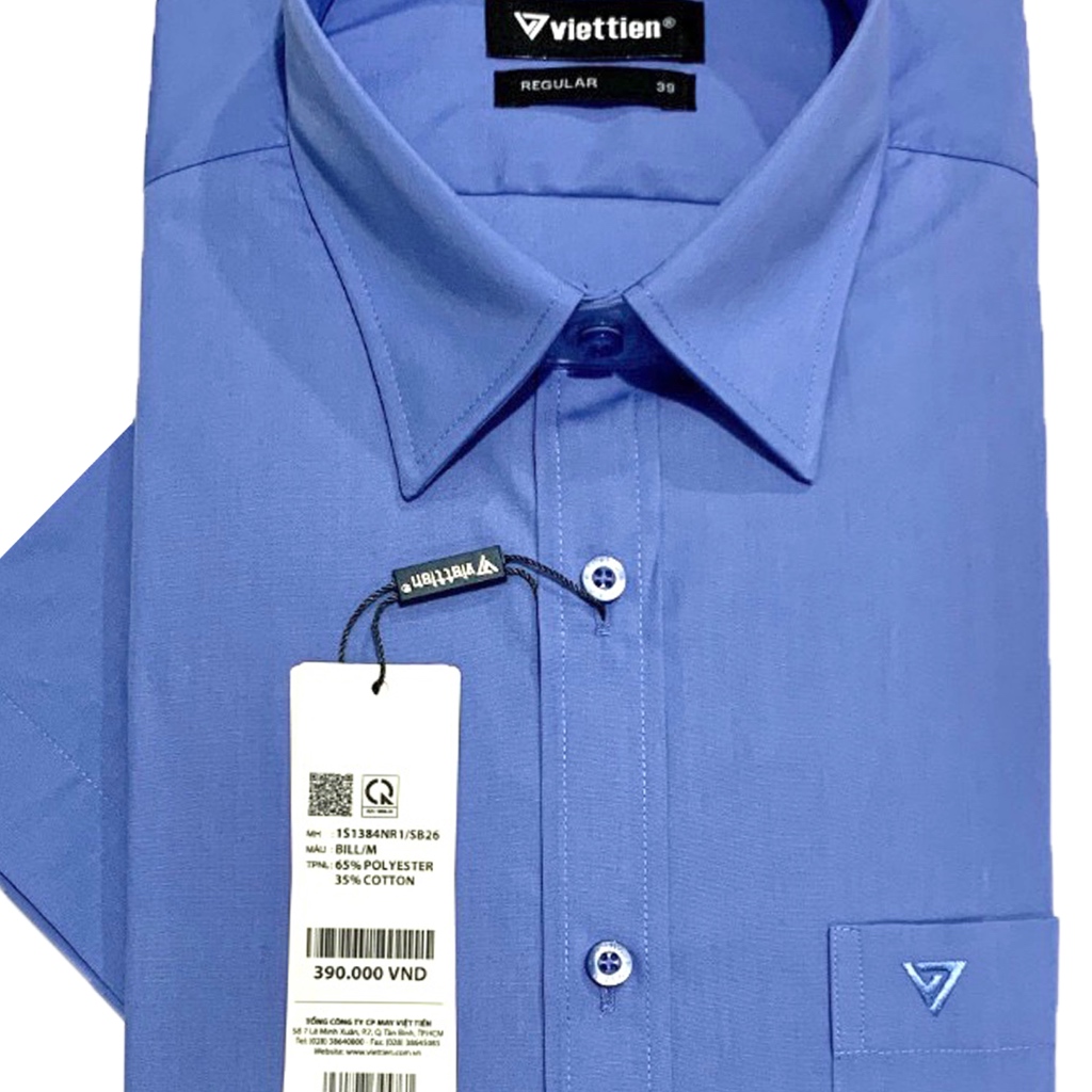 Viettien - Áo sơ mi nam ngắn tay vạt bầu màu xanh bill dáng regular rộng - Áo sơ mi công sở nam Việt Tiến