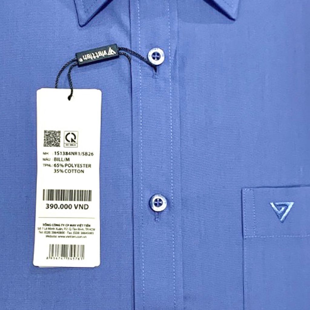 Viettien - Áo sơ mi nam ngắn tay vạt bầu màu xanh bill dáng regular rộng - Áo sơ mi công sở nam Việt Tiến