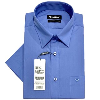 Viettien - Áo sơ mi nam ngắn tay vạt bầu màu xanh bill dáng regular rộng - Áo sơ mi công sở nam Việt Tiến
