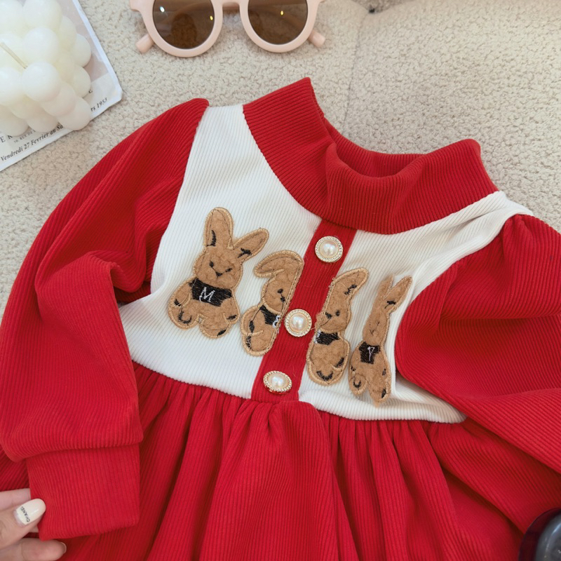 10-22kg váy len nhung đỏ thêu hình thỏ cho bé mặc noel và tết