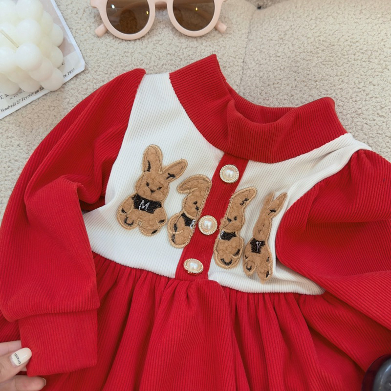 10-22kg váy len nhung đỏ thêu hình thỏ cho bé mặc noel và tết