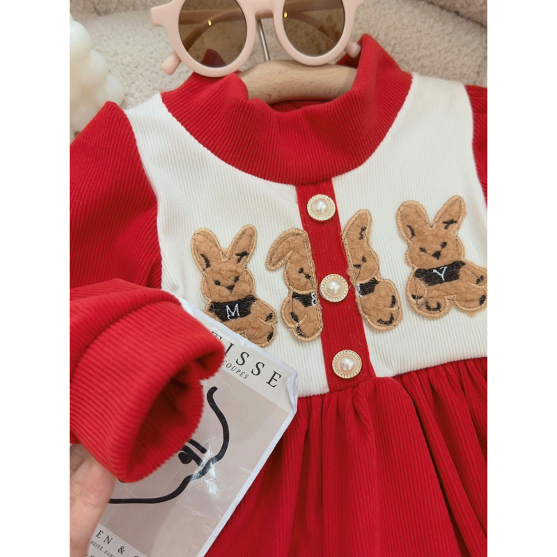 10-22kg váy len nhung đỏ thêu hình thỏ cho bé mặc noel và tết