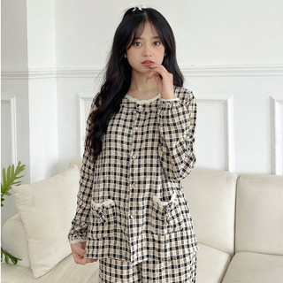 Bộ đồ ngủ Pijama kẻ caro cổ tròn màu đen dài tay